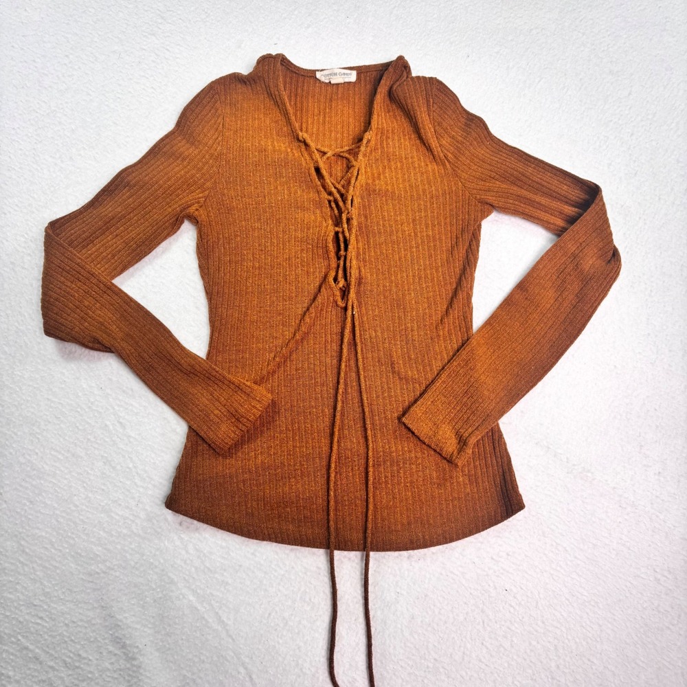 Cotton Candy Ribbed Lace Up Sweater Womens Small Brown Y2K Boho Fairy Grunge Top